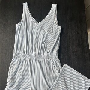 Pact Light Blue & White Striped Sleeveless Jumpsuit